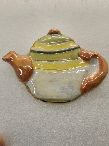 Vintage Ceramic Tea Kettle Brooch Painted, Sealed