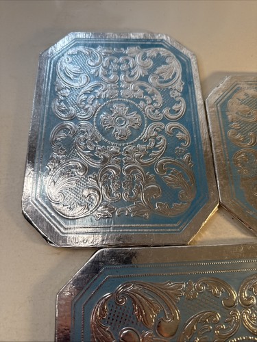 Set 3 sottopiumino vintage blu lamina argento piatto caldo pad cartone goffrato 1950 cucina - Foto 9 di 24