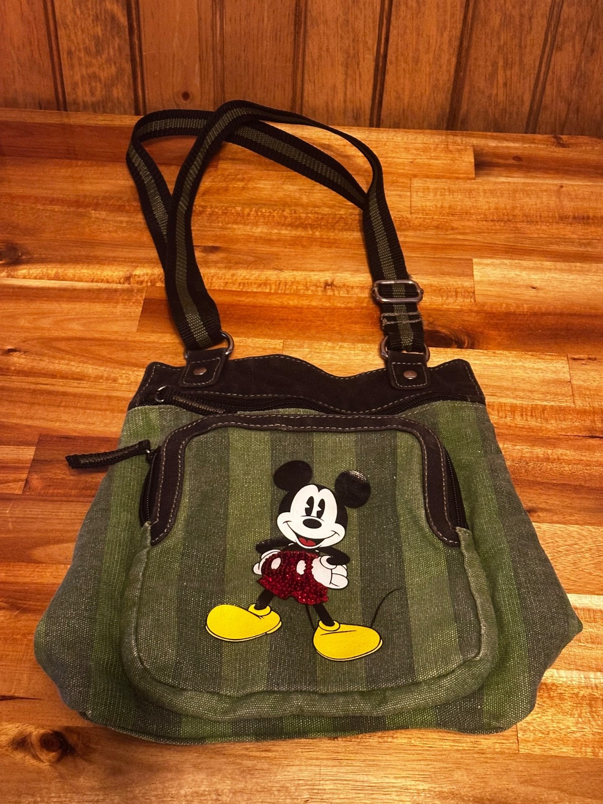 Disney Micky Mouse Canvas Purse Olive Green Stripe Sequin Shoulder Crossbody Bag