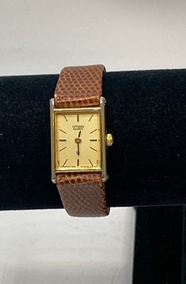 Vintage Citizen Women's Quartz Gold Tone Tank Watch 3220-945174 Brown Lizard