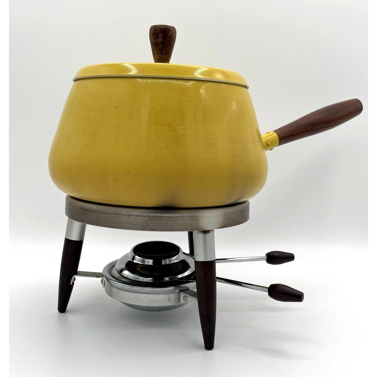 Vintage Mid Century Modern Mustard Yellow Enamel Fondue Pot Set Wood Atomic MCM
