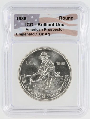 1986 Engelhard American Prospector Silver Eagle ICG BU S$1 Silver Round