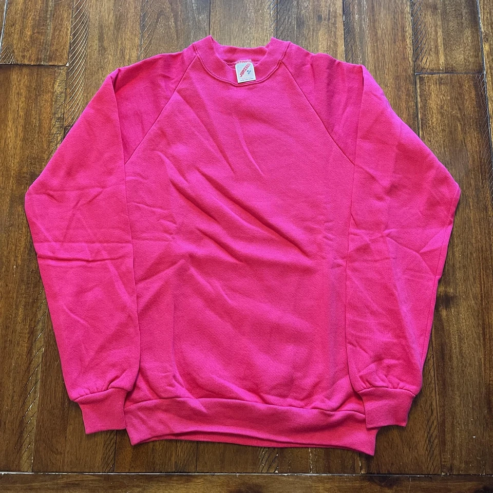 Vintage Jerzees Sweatshirt Crewneck Mens Medium Pink Blank Raglan Made USA 80s Foto 2 de 4