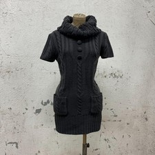Vintage Charcoal Grey Cable-Knit Short-Sleeve Mini Dress
