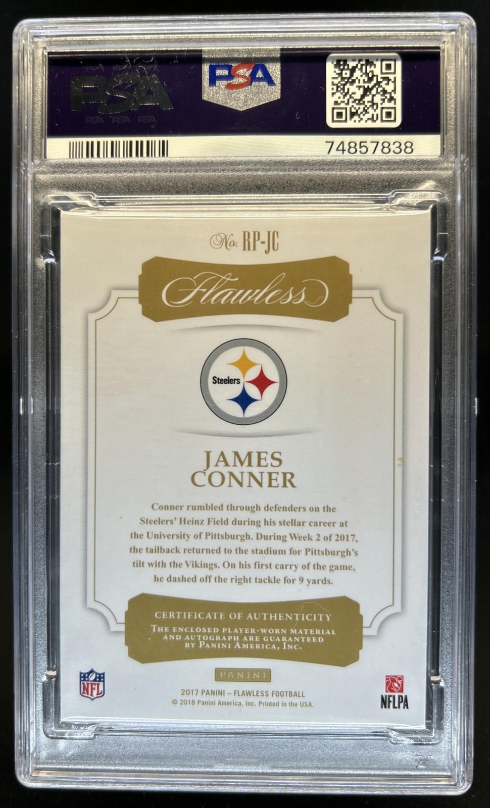 2017 Panini Flawless James Conner Rookie Patch Auto RC #/25 Steelers PSA 10 view 2