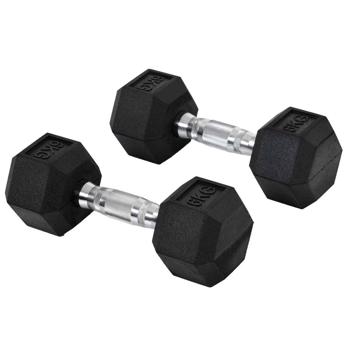 Hexagonal Dumbbells 2x6kg Black Rubber Coated Metal 11.5cm Diagonal Knurled Grip