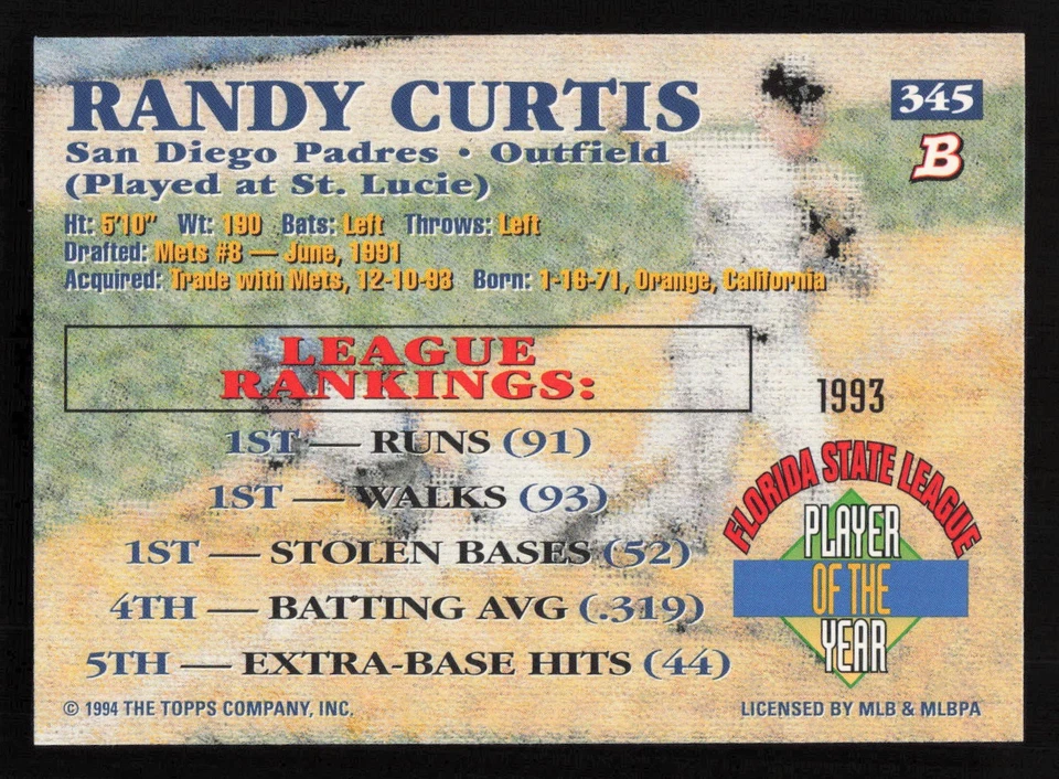 1994 Bowman #345 Randy Curtis Foil Card TCCCX - Image 2 of 2