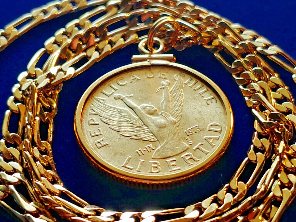 1973 Чили леди LIBERTAD свободы монета подвеска комплект на 24» 18KGF золото заполненное цепочка - Изображение 2 из 4