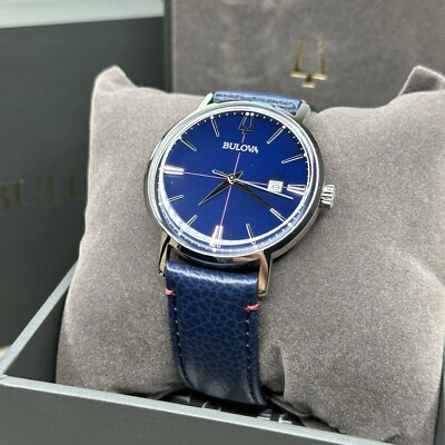 NEW✓ Bulova Aerojet Classic Calendar Date Blue Leather Men's