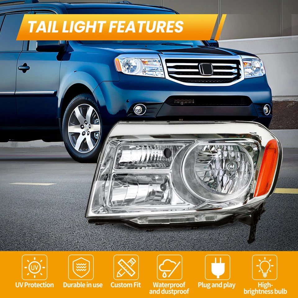 For 2012-2015 Honda Pilot Halogen Chrome Housing Headlights Assembly Lamps LH Foto 2 de 4