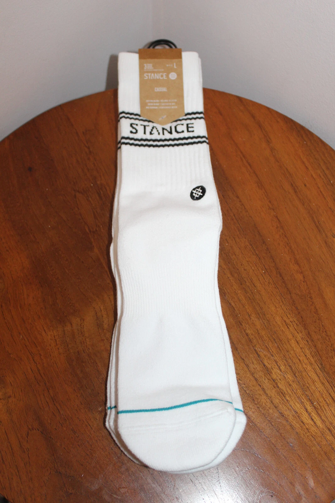 STANCE MENS CASUAL CREW SOCKS 3 PAIR SET WHITE w/ BLACK & TURQUOISE SIZE L