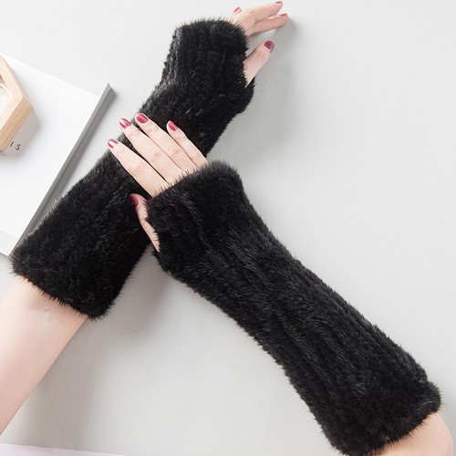 Women Real Mink Fur Glove Winter Long Fingerless Mittens Wrist Warm High Elastic - Picture 13 of 15