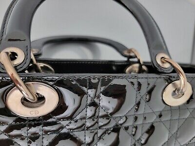 Christian Dior Large Lady Dior Bag In Black Patent Leather W Christian Dior Large Lady Dior Bag In Black Patent Leather W