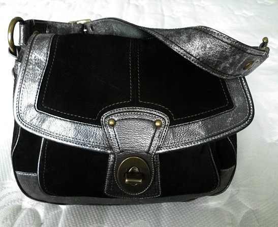 Coach Slim Legacy Charcoal Suede Metallic Trim Shoulder Flap