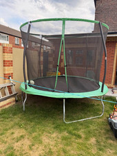 10ft Round Outdoor Garden Trampoline with Safety Enclosure Net, Metal, Green Pad