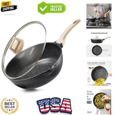 12Inch Nonstick Deep Frying Pan with Lid, 5.5 Qt Jumbo Cooker Saute Pan with ...