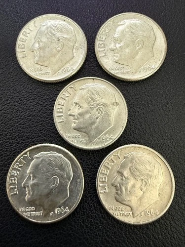 LOT X 5 AU Roosevelt Dimes 1964-D 90% FINE Silver Stacker Coin Collector #104