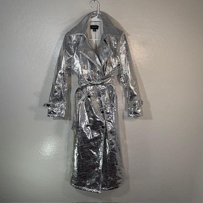 Karen Millen Coat Womens 2 Silver Metallic Trench Belted Long Party Statement