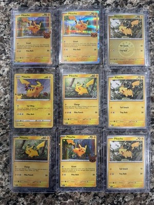 POKEMON TCG PIKACHU 9 CARDS TOTAL HOLO COSMO REVERSE RARE SWIRL WOW
