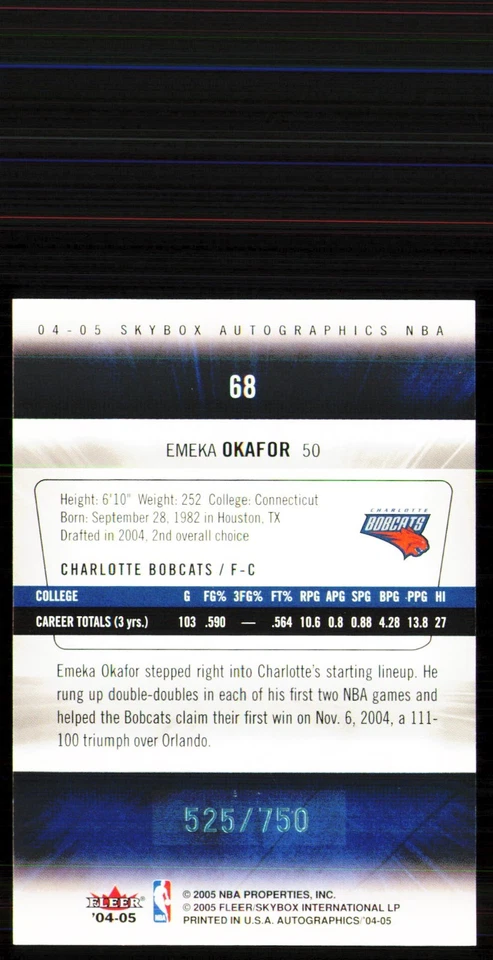 2004-05 Skybox Autographics - Emeka Okafor #68 Serial #'d /750 (RC) - Image 2 of 2