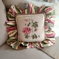 French Country Needlepoint Pillow Vintage Meets Modern Taffeta Ruffle Pink Green