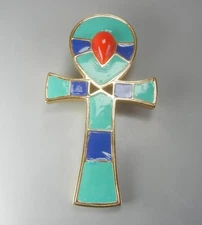 Hattie Carnegie Pin or Pendant Egyptian Revival Enamel Ankh Vintage 1960s