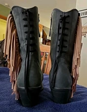 Dingo Leather Cowboy Boots Fringe New Black Tan Fringe Lace Up Back SEXY Size 8!