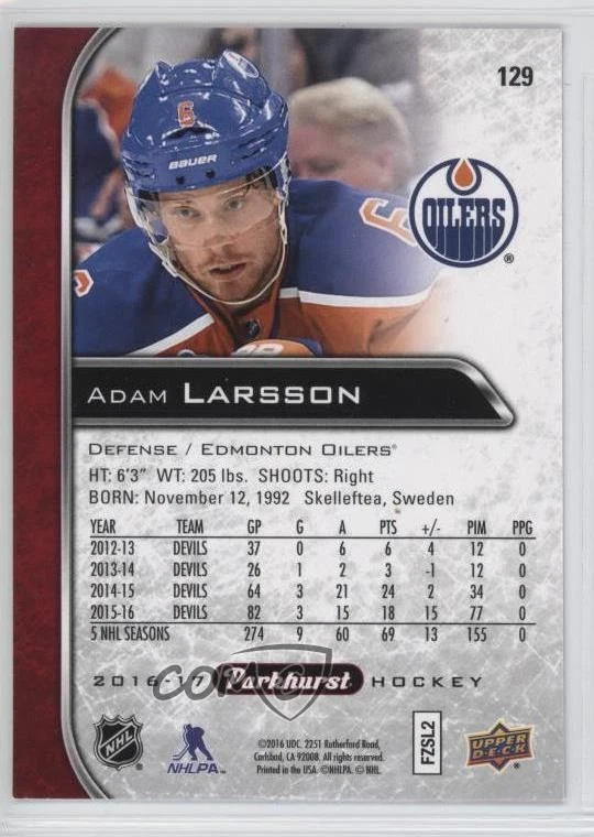 2016-17 Upper Deck Parkhurst Red Adam Larsson #129 - Image 2 of 2