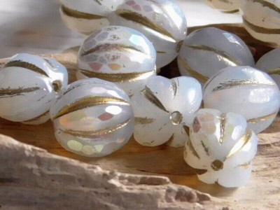 6 - 10mm CZECH TRANSLUCENT FACETED WHITE OPALINE AB GOLD WASH MELON GLASS BEADS