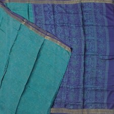 Vintage Teal Sarees 100 Pure Silk Printed Zari Border Sari 5YD Craft Fabric