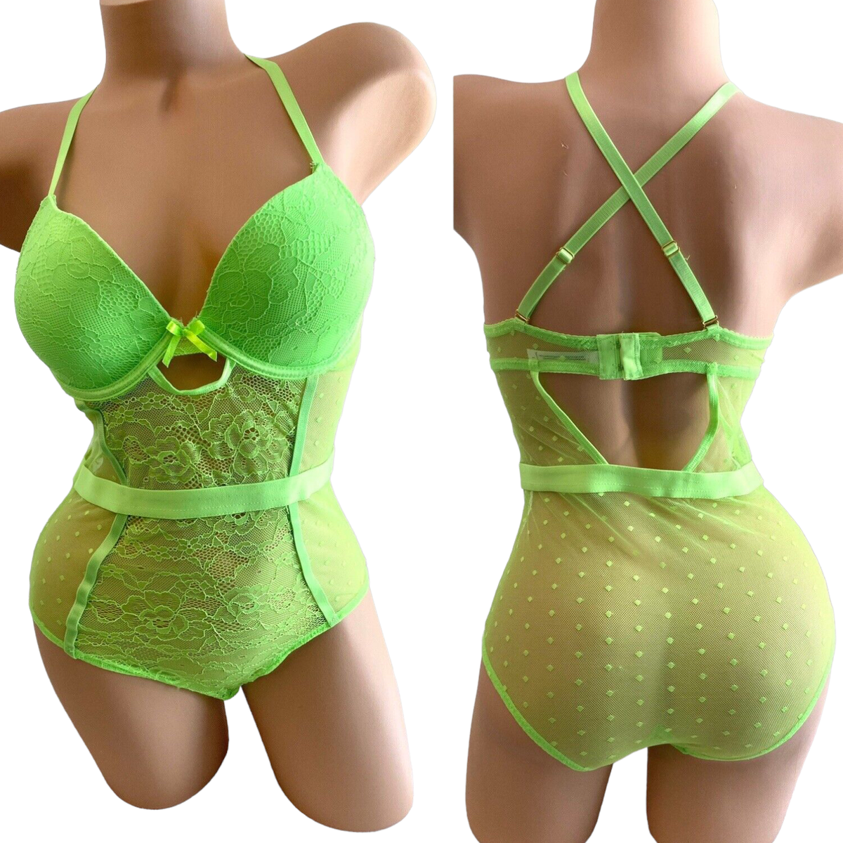 NWT French Affair L Large Push Up Sexy Lingerie Bra Bodysuit Green