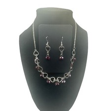 Heart Charm Necklace and Earrings Set Silver Tone with Red Beads f