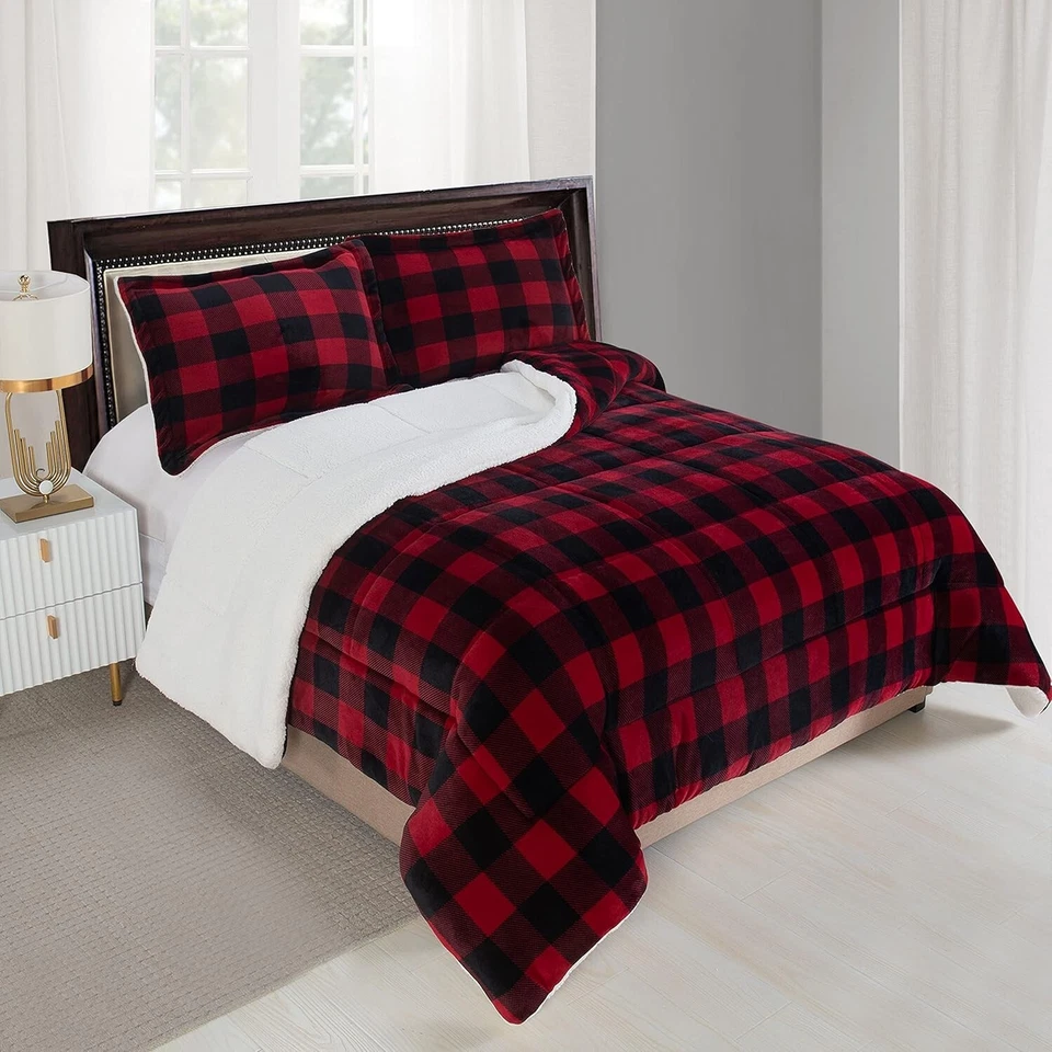 Premium Heavyweight King Size Comforter Set - Buffalo Plaid, Burgundy/Black - Image 4 of 4
