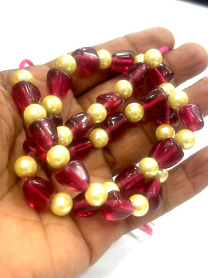 PINK TOURMALINE QUARTZ NUGGETS WITH PEARL SMOOTH 10 MM BEADS 18'' INCH 1 NECKLACE