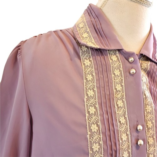 Blusa Secretaria Vintage Lila Púrpura Transparente Manga Larga Encaje Perlas Talla Mediana - Imagen 2 de 11