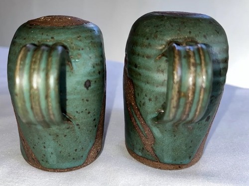 Studio Art Salt & Pepper Pottery Stoneware Clay Green Brown Handle Signed - Picture 2 of 8