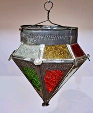 Ancien Lampe Orientale Marocaine Suspension Lanterne Verre multicolore A Motif 