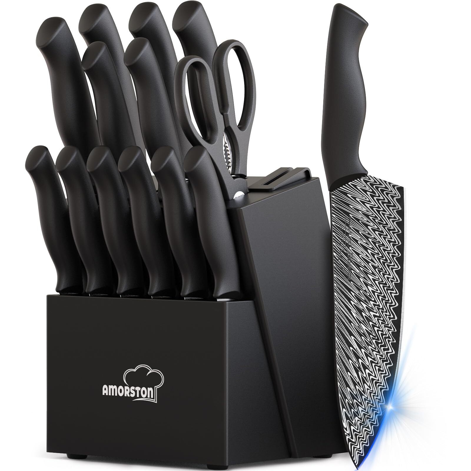 Knife Set, 15 Pieces Kitchen Knife Set with Built in Knife Sharpener Block-image