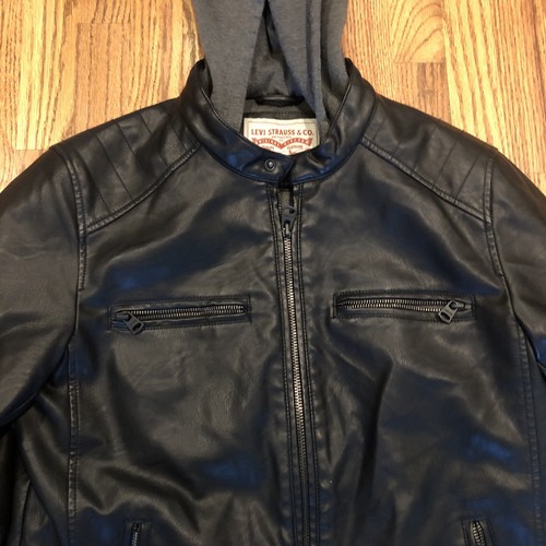 Men’s Levis Hooded Full Zip Faux Leather Jacket Size Small. Vintage Look. Soft - Picture 2 of 11