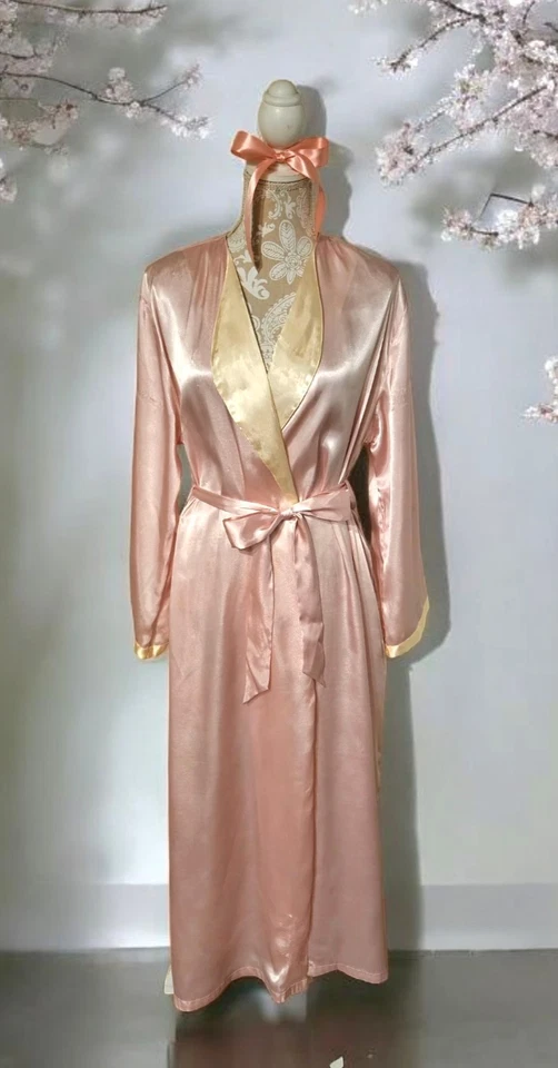 Bata de satén Y2K Jones New York rosa amarillo con cinturón bolsillos largos L/XL excelente Foto 2 de 4
