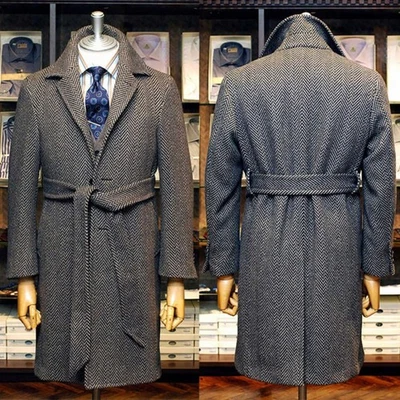 Fischgräte Herren Tweed Mantel Fashion Gürtel Einreihig Business Wollmischung - Bild 1 von 4