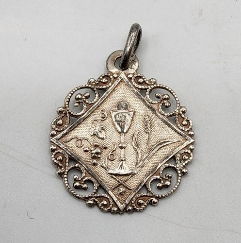 Small Solid Silver Openwork Chalice Communion Medal Pendant Early 20th Century