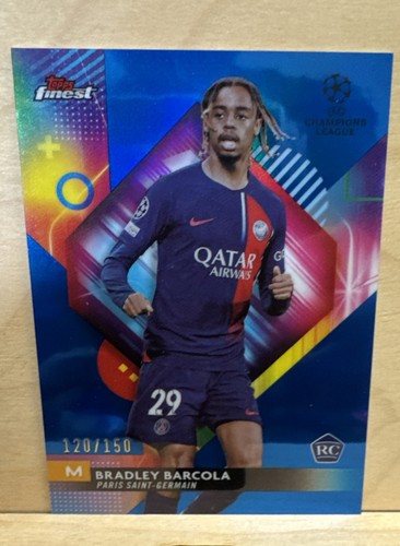Topps 2023-24 Finest UEFA Bradley Barcola #102 PSG Blue Refractor RC /150