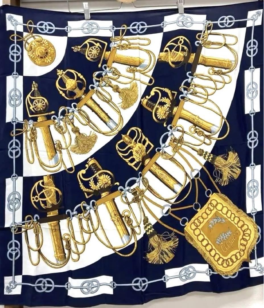 Hermes Silk Scarf Large Carre 90 Navy White Excellent Used No Box