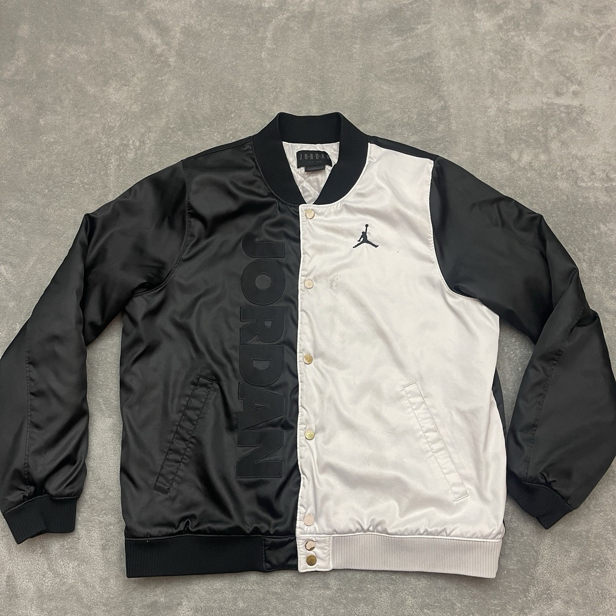 Men's Jordan AJ11 Spellout LS Snap Satin Bomber Jacket Men's Jordan AJ11 Spellout LS Snap Satin Bomber Jacket