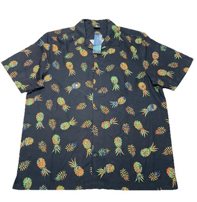 NWT Black Multi Pineapple Button Shirt Mens 3XL Beach Quirky Resort UV Protect