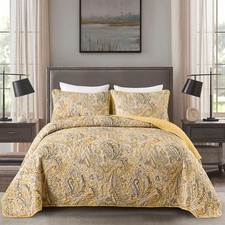 Yellow Paisley Quilt Set King Size Boho Quilt Bedspread Set 3 Pieces, Soft Light