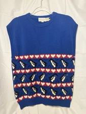 The Eagles Eye Sweater Vest Womens Large Cotton Penguin Hearts Bow Knit Pullover