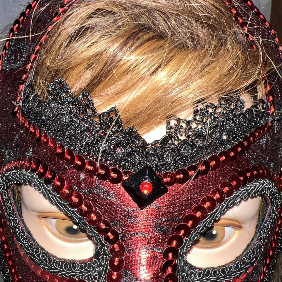 Masquerade Sequin Lace Devil Face Mask Red & Black Shiny Bling Halloween Party - Image 3 of 4