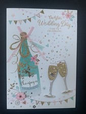 Wedding day card, marriage, champagne, flowers,  handcrafted, 3D,  7" x 5"